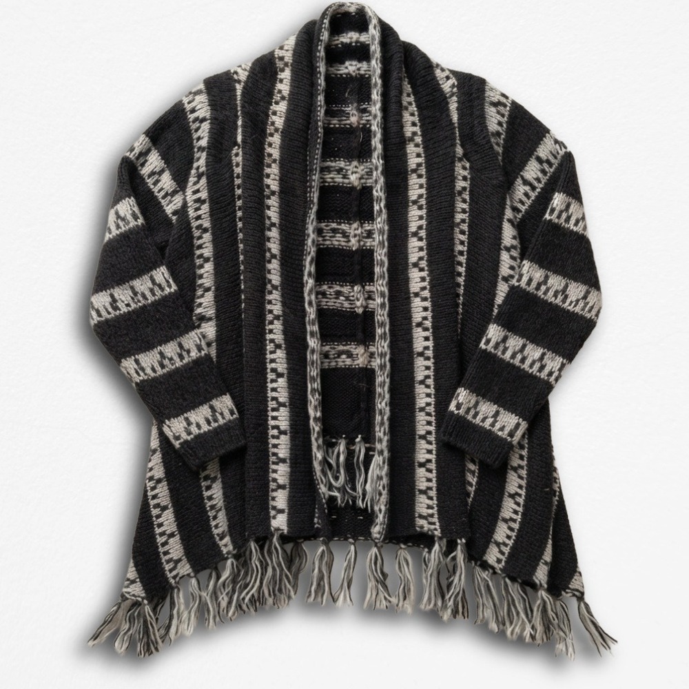 Billabong Womens Black Cream Geometric Fringe Open‎ Front Cardigan Sweater Small